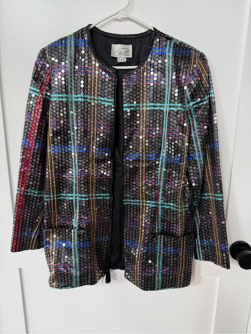 Farinae 12 Sequin Plaid zip Front Jacket - Black Multi color vintage so cool!